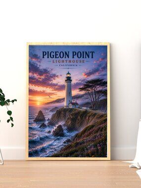 Pigeon Point Lighthouse California Vintage Wall Art | Coastal Lighthouse Print